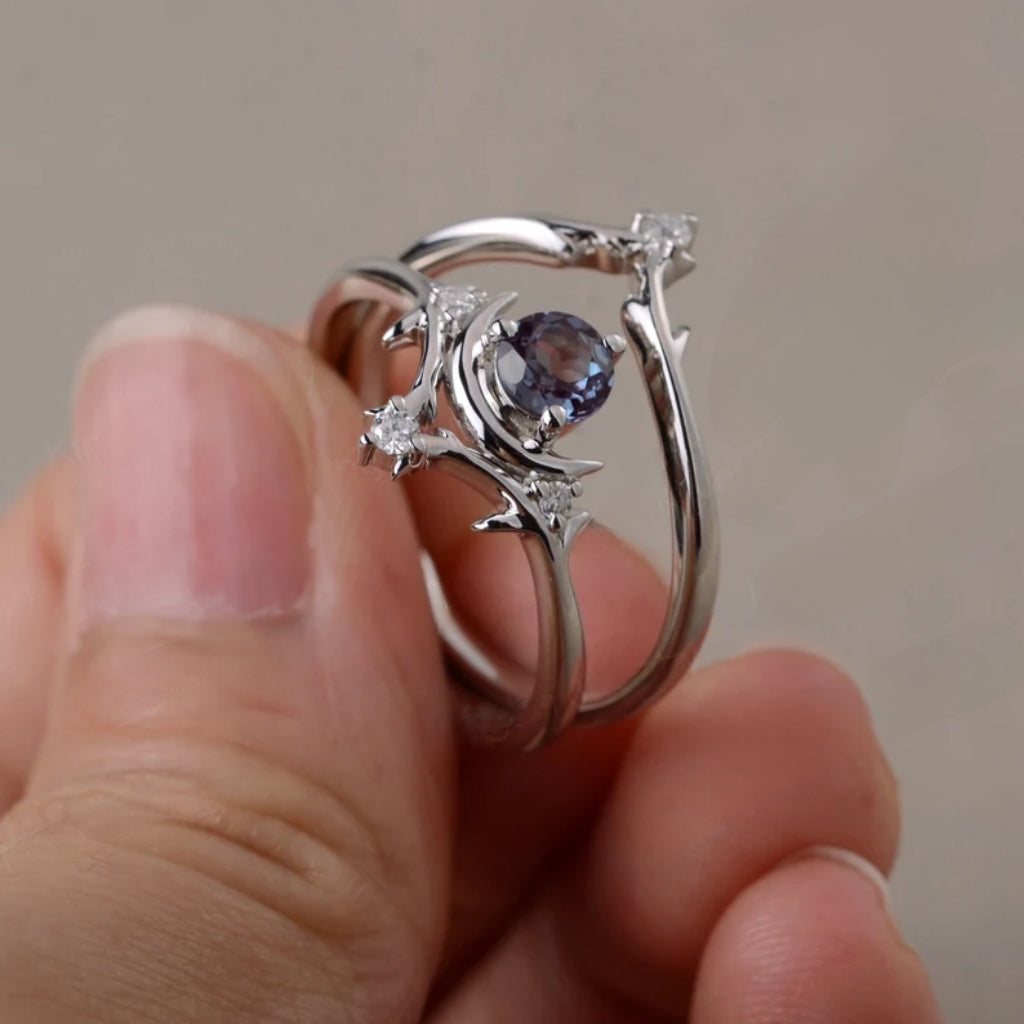 Verlobungsring mit Sonne und Mond – Lab-Alexandrit-Ring – 925er Sterlingsilber