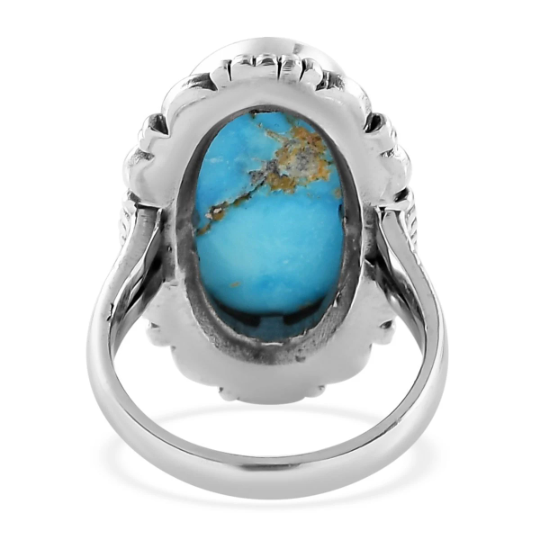 Native American Elongated Oval Turquoise Southwestern Style Ring - 925 Sterling Silver Ring
