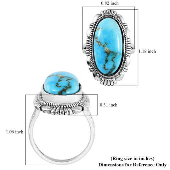 Native American Elongated Oval Turquoise Southwestern Style Ring - 925 Sterling Silver Ring