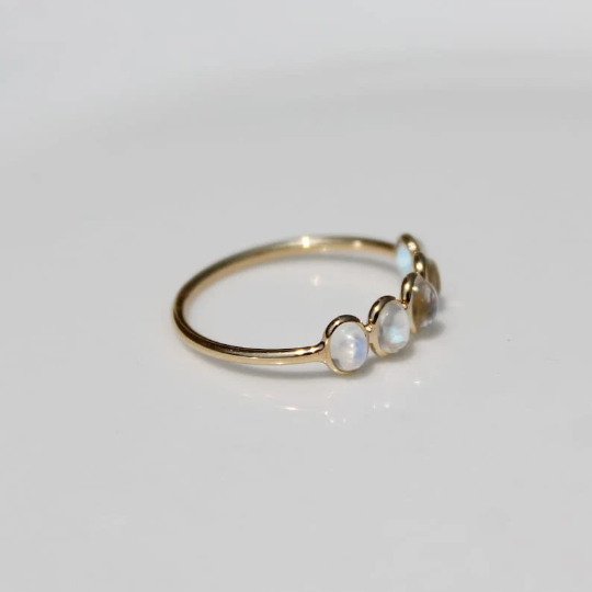 Natural Oval Cut Rainbow Moonstone Half Eternity Engagement Rings - 14k Gold Vermeil Rings