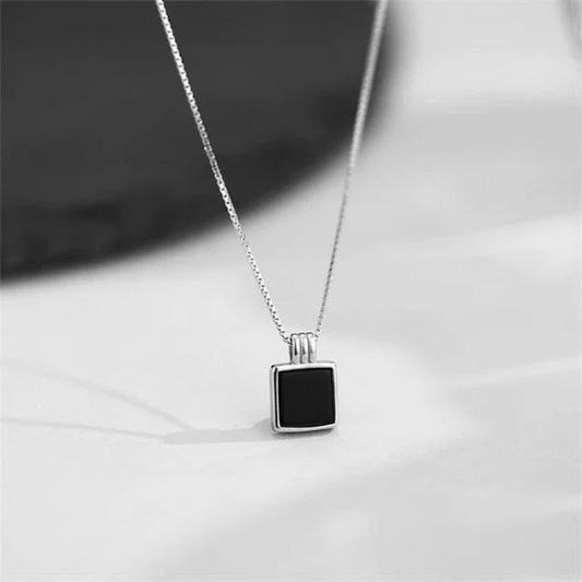 Black Onyx Square Cut Simple Bezel Set Necklace - 925 Solid Sterling Silver Pendants