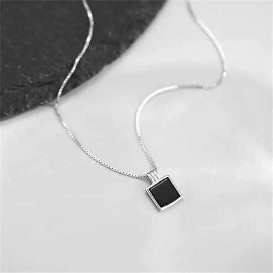Black Onyx Square Cut Simple Bezel Set Necklace - 925 Solid Sterling Silver Pendants