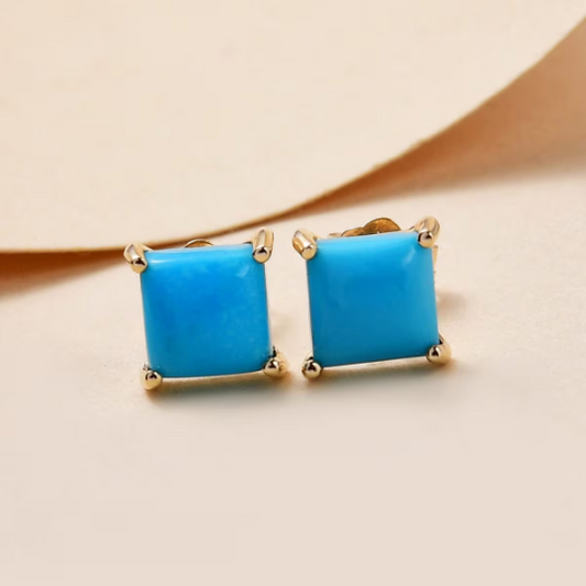 Sleeping Beauty Turquoise Square Cut Birthstone Solitaire Studs For Women - 925 Sterling Silver Studs