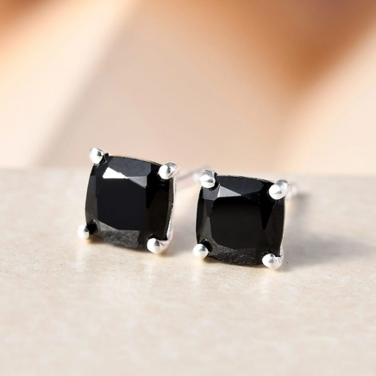 Black Onyx Cushion Cut Birthstone Solitaire Studs- 925 Sterling Silver Studs