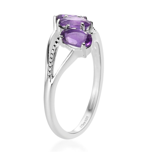 Amethyst Oval Cut February Birthstone Three Stone Promise Ring - 925 Sterling Silver Ring