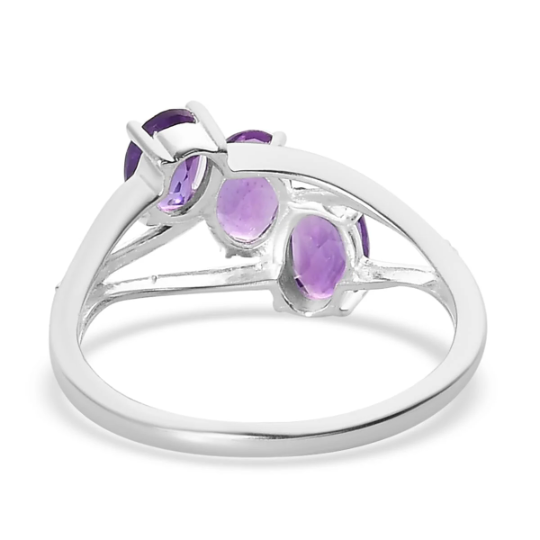Amethyst Oval Cut February Birthstone Three Stone Promise Ring - 925 Sterling Silver Ring