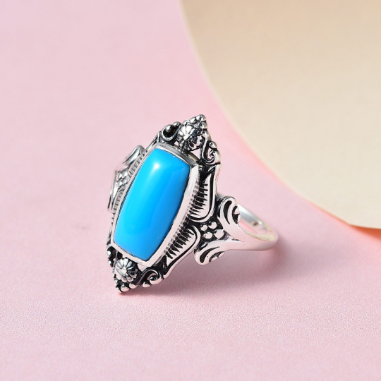 Vintage Cushion Cut Sleeping Beauty Turquoise Statement Rings - 925 Solid Sterling Silver Ring