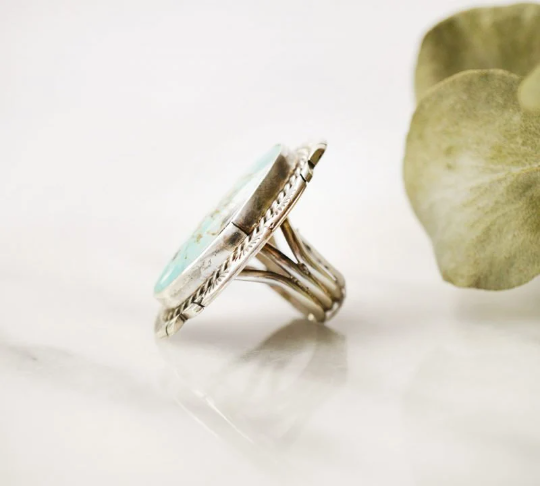 Native American Elongated Oval Turquoise Southwestern Style Rings - 925 Sterling Silver Rings
