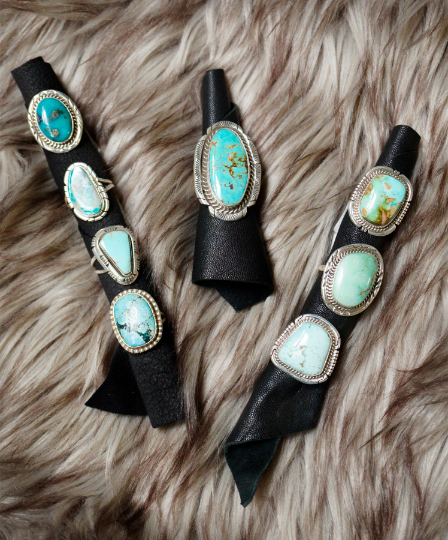 Native American Elongated Oval Turquoise Southwestern Style Rings - 925 Sterling Silver Rings