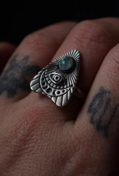Ouija Planchette Ethiopian Opal Gothic Style Evil Eye Ring - 925 Sterling Silver Ring