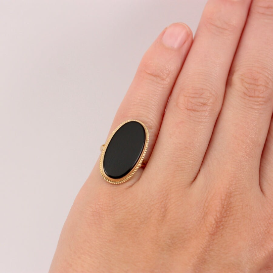 Natural Elongated Oval Cut Black Onyx Handmade Vintage RIng - 14k Gold Vermeil Rings