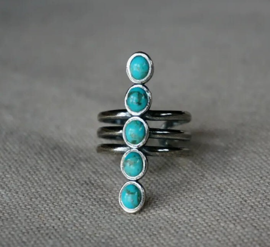 Natural Vertical Set Oval Cut Turquoise Southwestern Style Ring - 925 Sterling Silver Ring