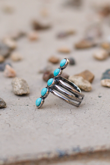 Natural Vertical Set Oval Cut Turquoise Southwestern Style Ring - 925 Sterling Silver Ring