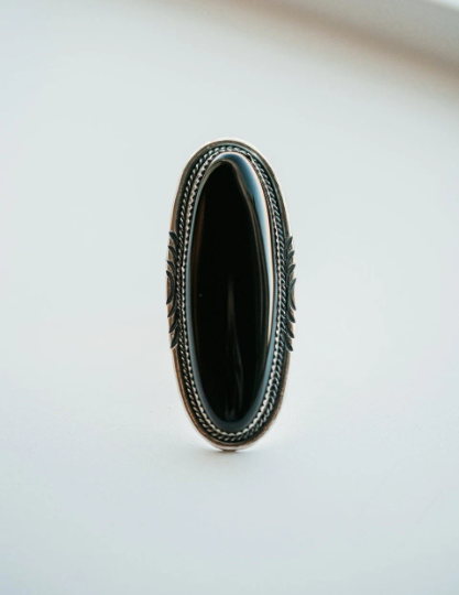 Native American Elongated Black Onyx Ring  - 925 Sterling Silver Ring
