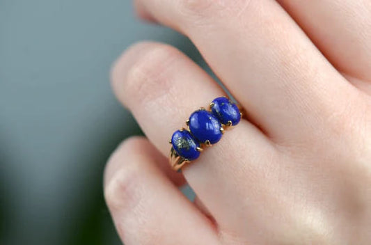 Lapis Lazuli Oval Cut Three Stone Promise Ring
