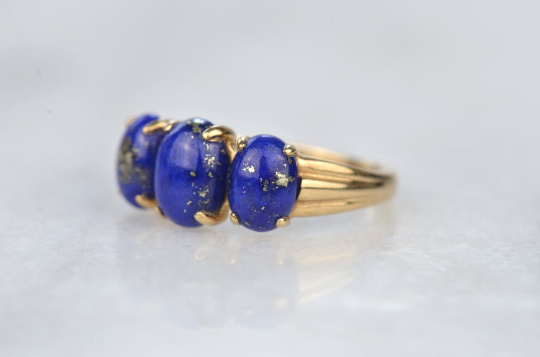 Bague de promesse à trois pierres de taille ovale Lapis Lazuli - Bague Vermeil en or 14 carats