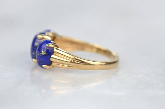 Bague de promesse à trois pierres de taille ovale Lapis Lazuli - Bague Vermeil en or 14 carats