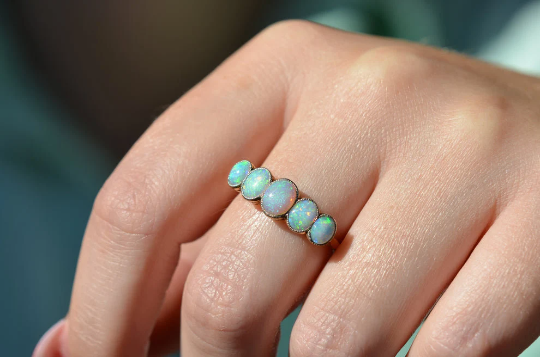 Natural Oval Cut Half Eternity Opal Vintage Engagement Rings - 14k Gold Vermeil Rings