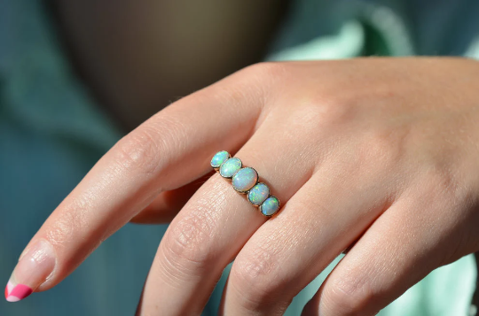 Natural Oval Cut Half Eternity Opal Vintage Engagement Rings - 14k Gold Vermeil Rings