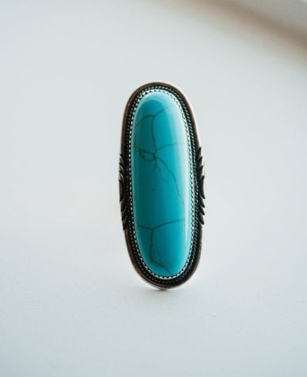 Native American Long Oval Cut Turquoise Southwestern Style Ring - 925 Sterling Silver Ring