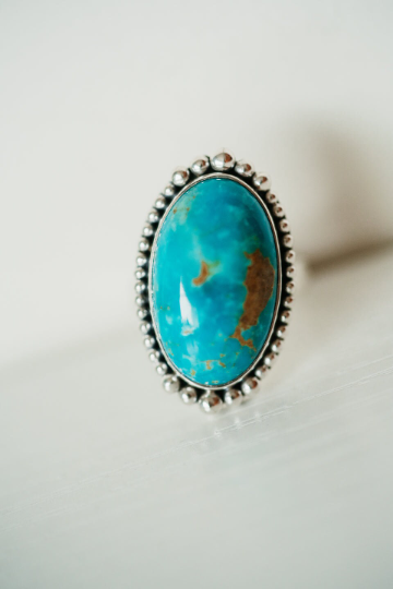 Native American Elongated Oval Turquoise Southwestern Style Rings - 925 Solid Sterling Silver Ring