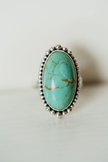 Native American Elongated Oval Turquoise Southwestern Style Rings - 925 Solid Sterling Silver Ring