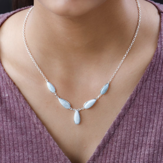 Natural Pear Cut Larimar Princess Wedding Necklace  - 925 Solid Sterling Silver Necklace