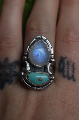 Turquoise And Rainbow Moonstone Half Moon Celestial Gothic Style Ring - 925 Solid Sterling Ring