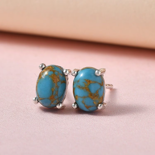 Natural Oval Cut Turquoise Solitaire Studs 