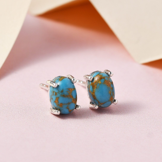 Goujons solitaires turquoise taille ovale naturelle - Goujons simples en argent sterling 925