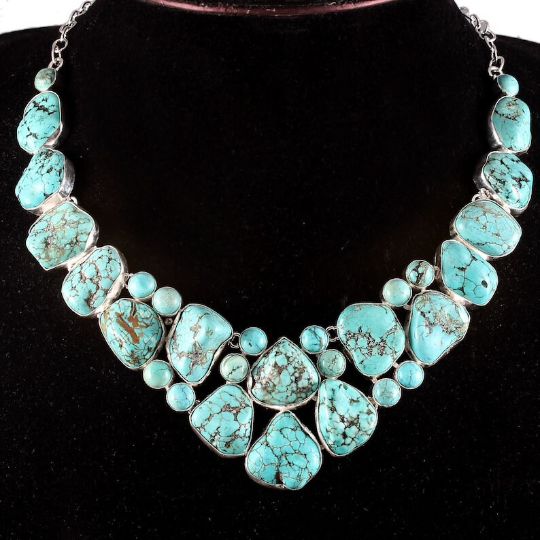 Natural Raw Tumbled Turquoise Cluster Bib Statement Necklace For Women - 925 Solid Sterling Silver Necklace