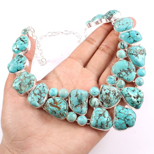 Natürliche türkisfarbene Lätzchen-Halsketten für Damen – Halsketten aus 925er Sterlingsilber