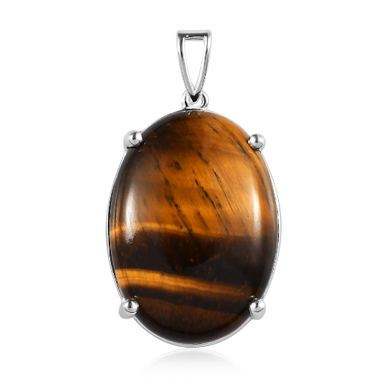 Natural Oval Cut Tiger's Eye Solitaire Birthstone Statement Pendant - 925 Sterling Silver Pendant