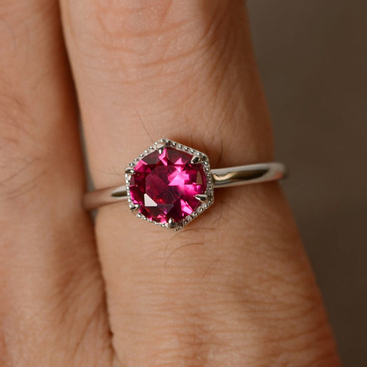 Ruby Solitaire Ring - 925 Solid Sterling Silver Ring