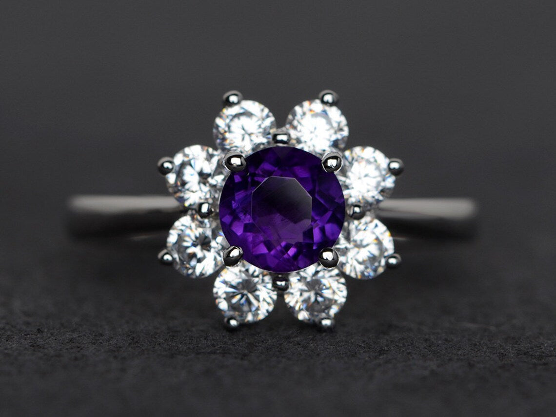 Natural Amethyst Halo Engagement  Rings