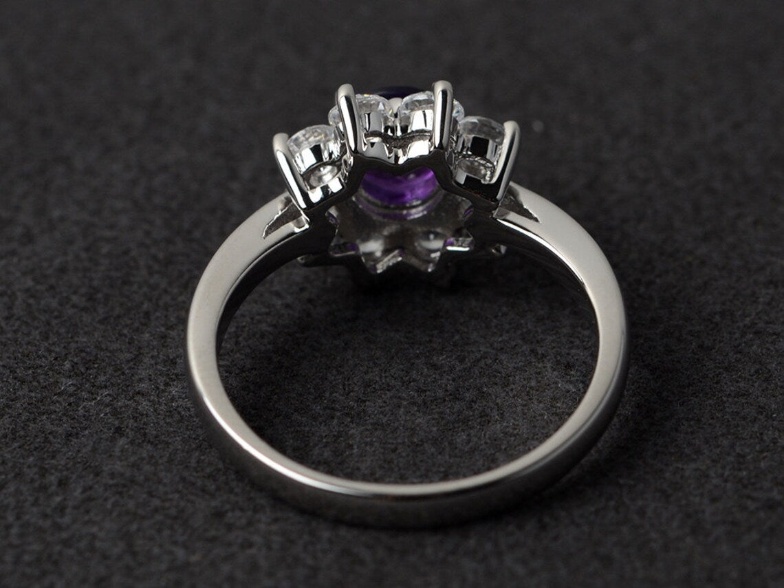 Natural Amethyst Halo Engagement  Rings - 925 Sterling Silver Promise Ring