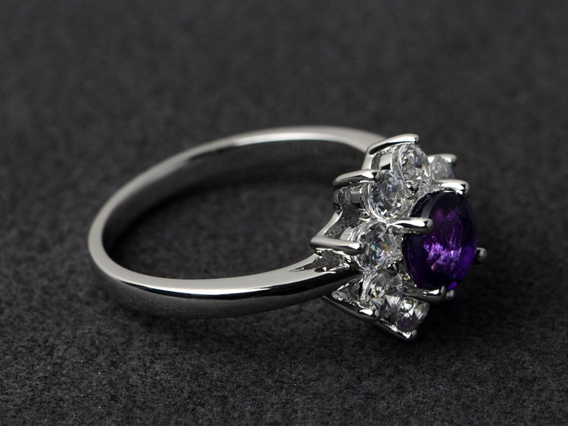 Natural Amethyst Halo Engagement  Rings - 925 Sterling Silver Promise Ring