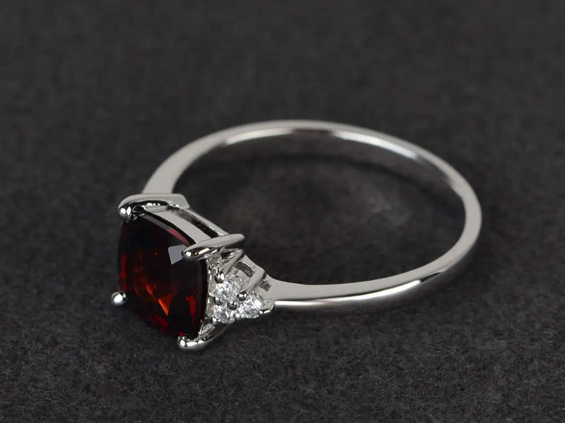 Natural Cushion Cut Garnet Unique Promise 14k Gold Vermeil Ring