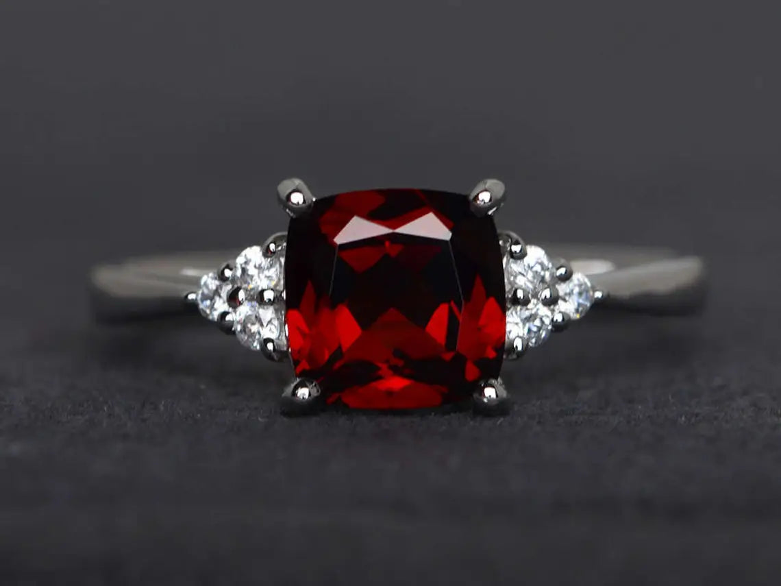 Natural Cushion Cut Garnet Unique Promise 14k Gold Vermeil Ring