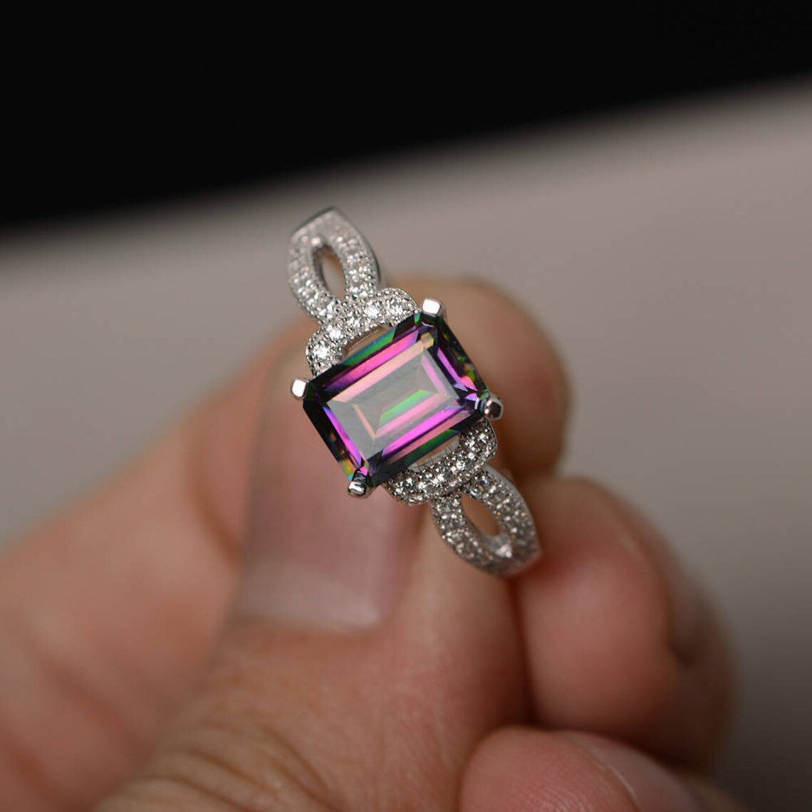 Mystic Topaz Emerald Cut Engagement Rings For Women - 925 Solid Sterling Silver Ring