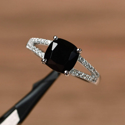 Natural Cushion Cut Black Onyx Wedding Ring 