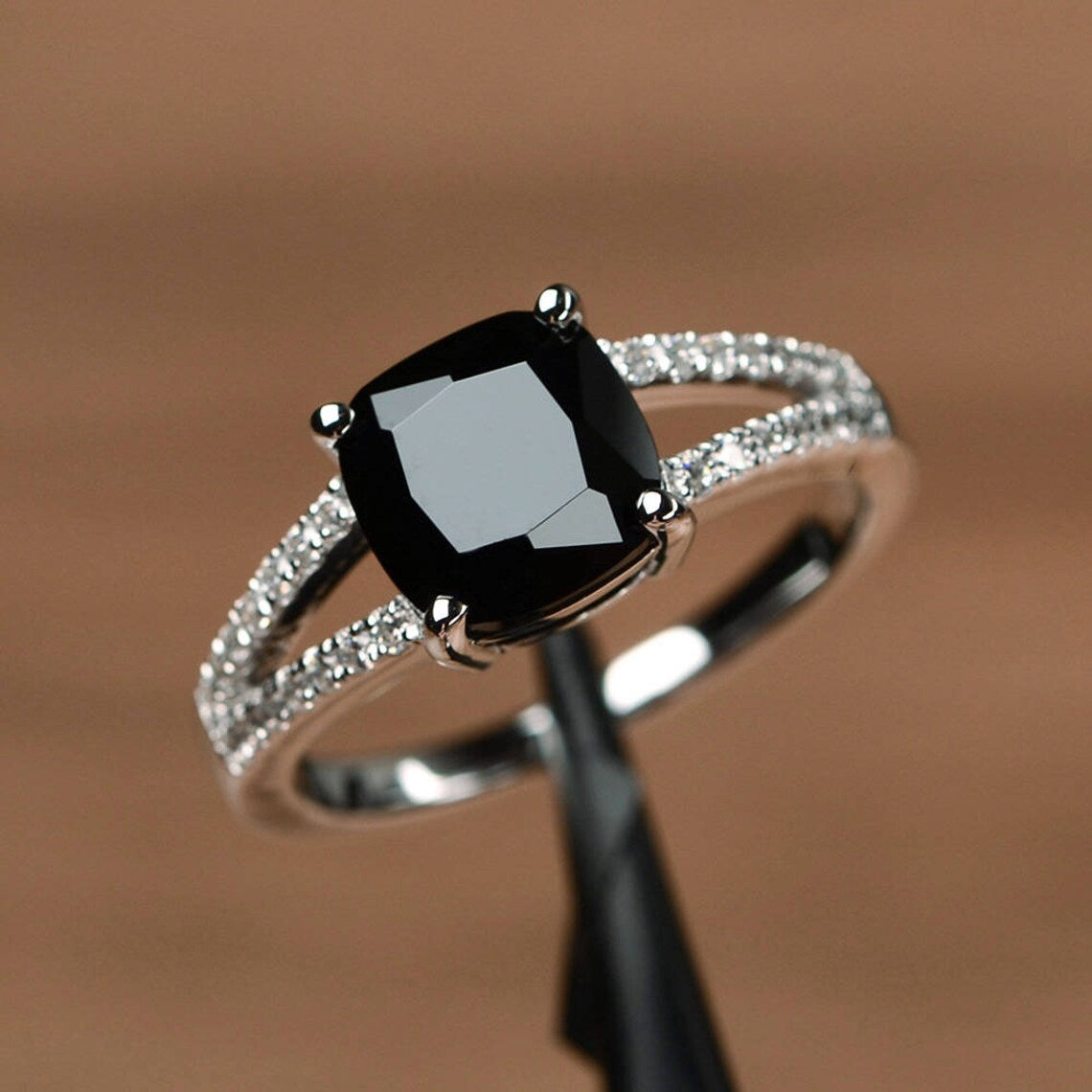 Natural Cushion Cut Black Onyx Wedding Ring - 925 Sterling Silver Ring