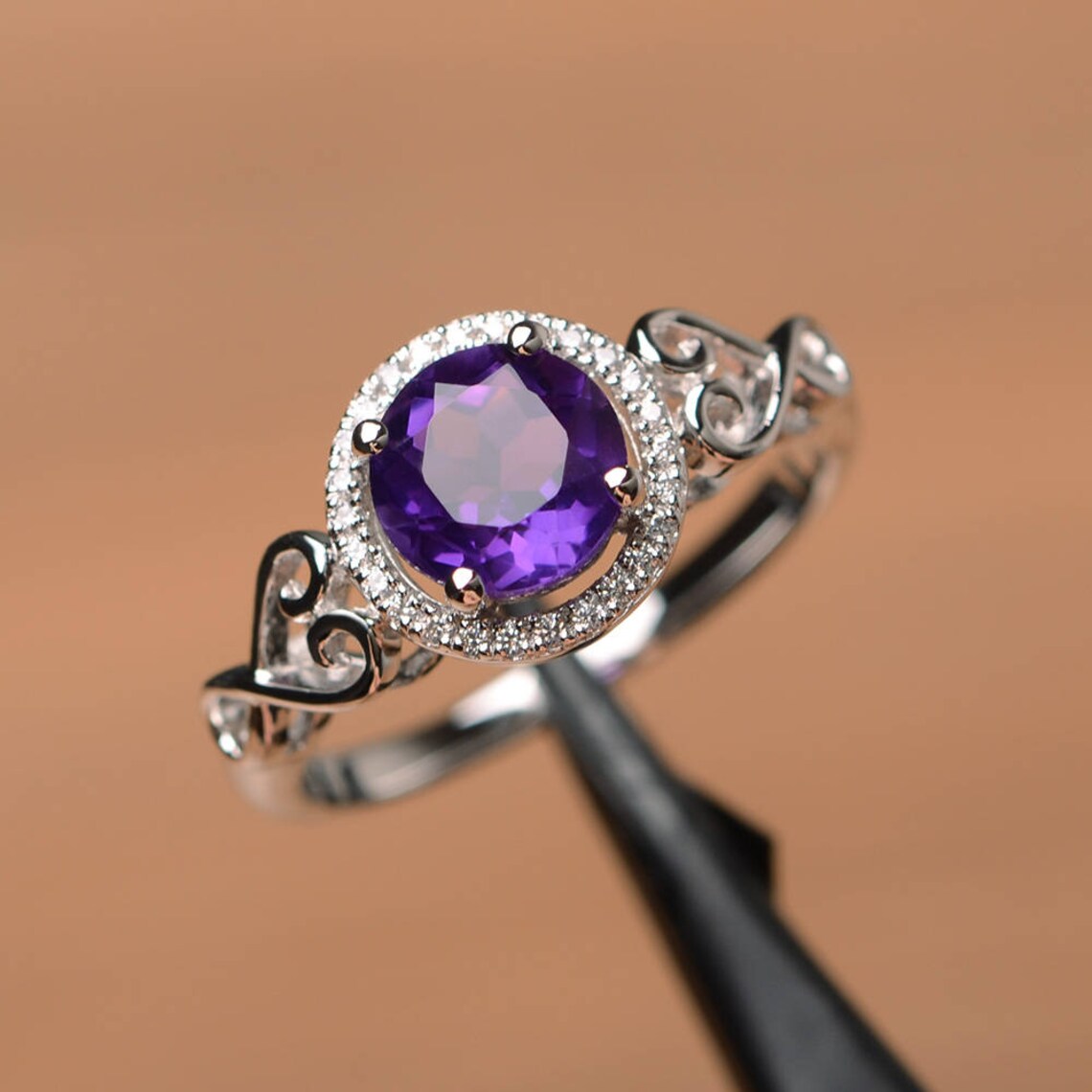 Natural Round Cut Amethyst Halo Promise Ring - 925 Sterling Silver Rings