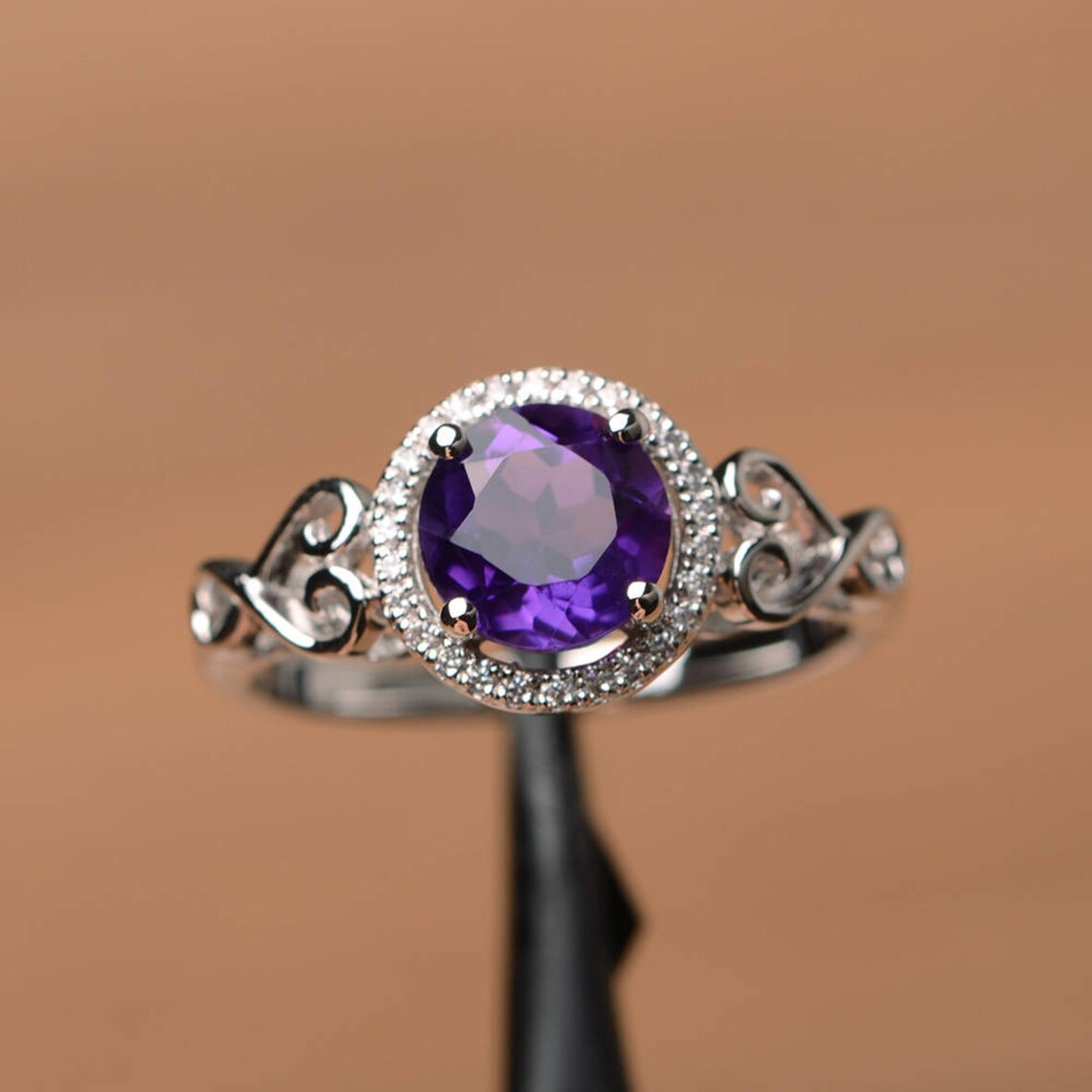 Natural Round Cut Amethyst Halo Promise Ring - 925 Sterling Silver Rings