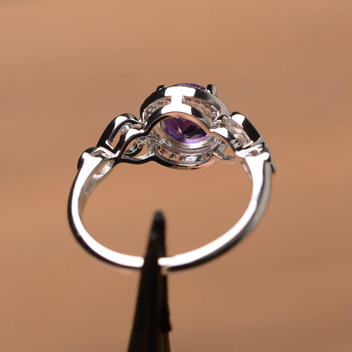 Natural Round Cut Amethyst Halo Promise Ring - 925 Sterling Silver Rings