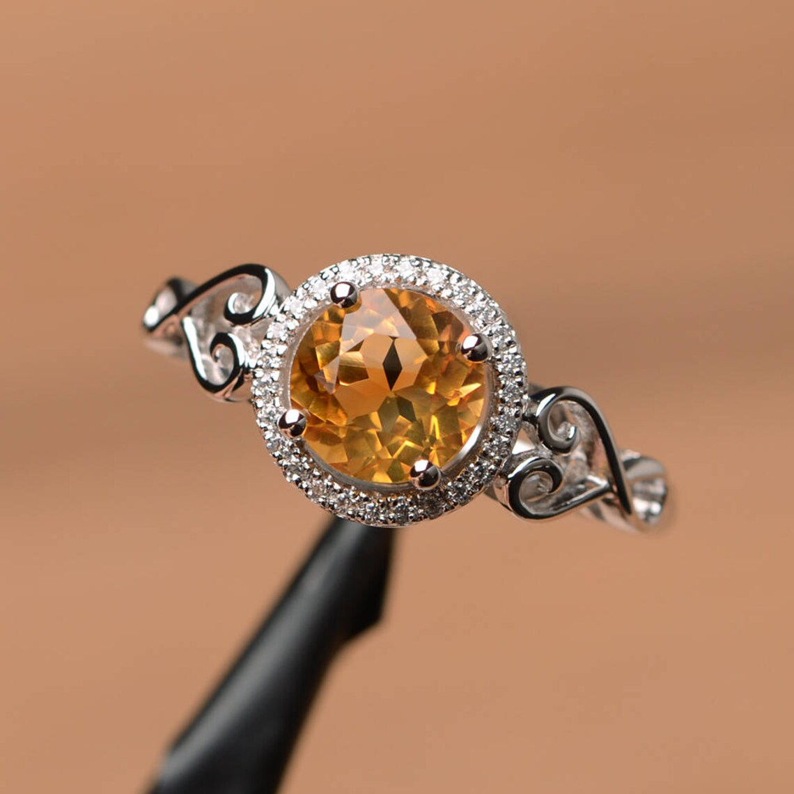 Natural Round cut CItrine Halo Rings - 925 Sterling Silver RIngs