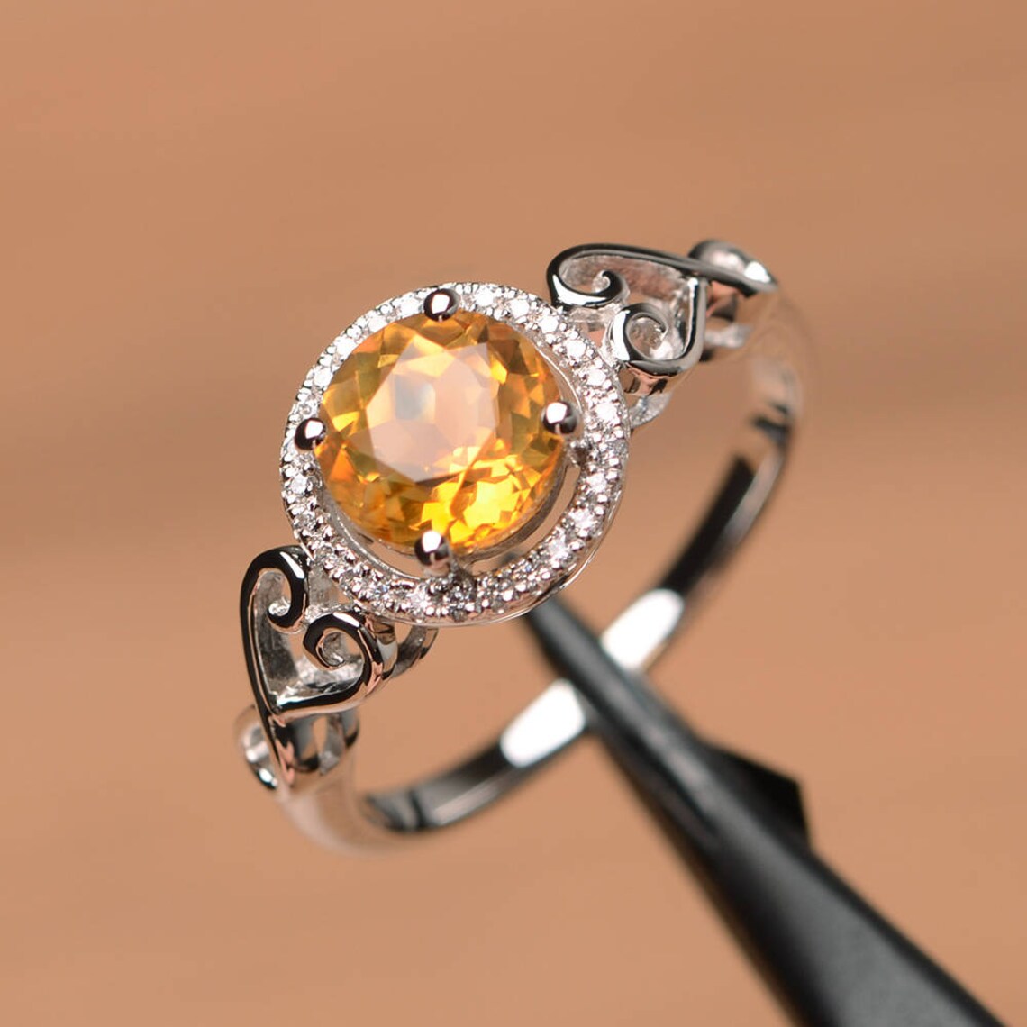 Natural Round cut CItrine Halo Rings - 925 Sterling Silver RIngs