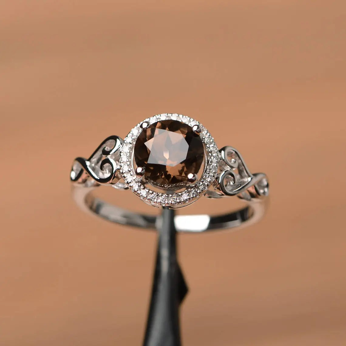 Natural Round Cut Smoky Quartz Halo Promise Statement Ring For Women - 925 Sterling Silver Ring