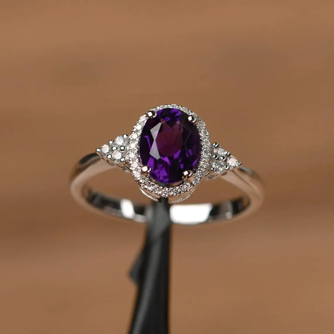 Natural Oval Cut Amethyst Halo Engagement Rings - 925 Sterling Silver Rings