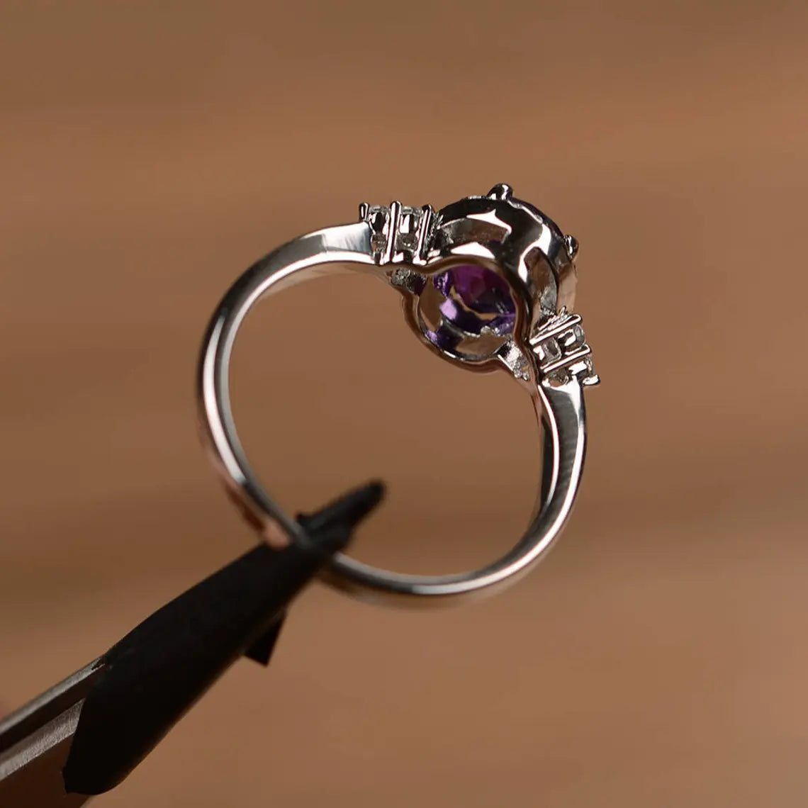 Natural Oval Cut Amethyst Halo Engagement Rings - 925 Sterling Silver Rings